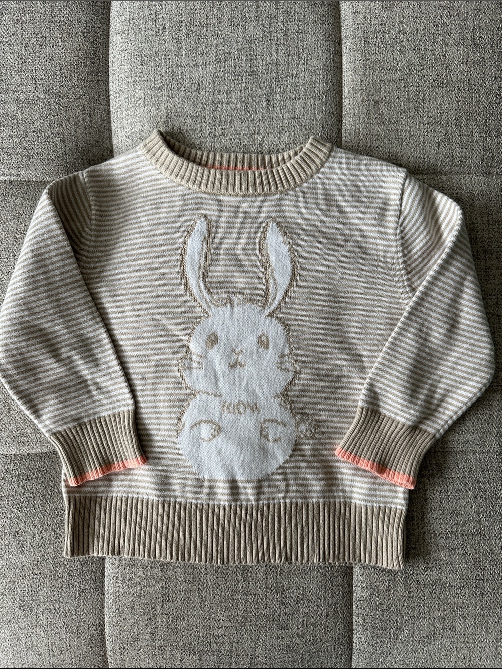 Cat & Jack Beige and White Bunny Knit Sweater with Coral Trim